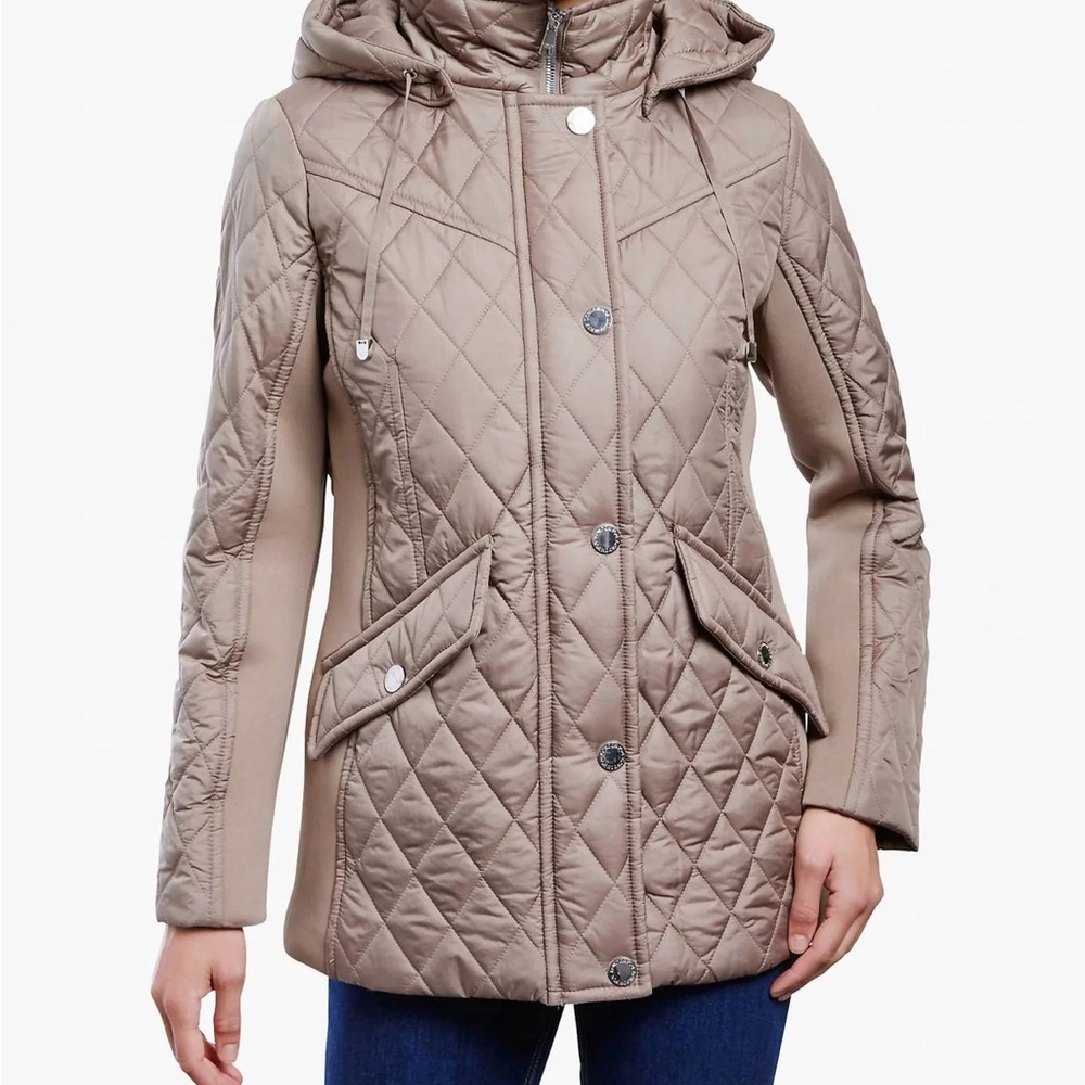 London Fog Quilted Hooded Puffer Jacket in Taupe